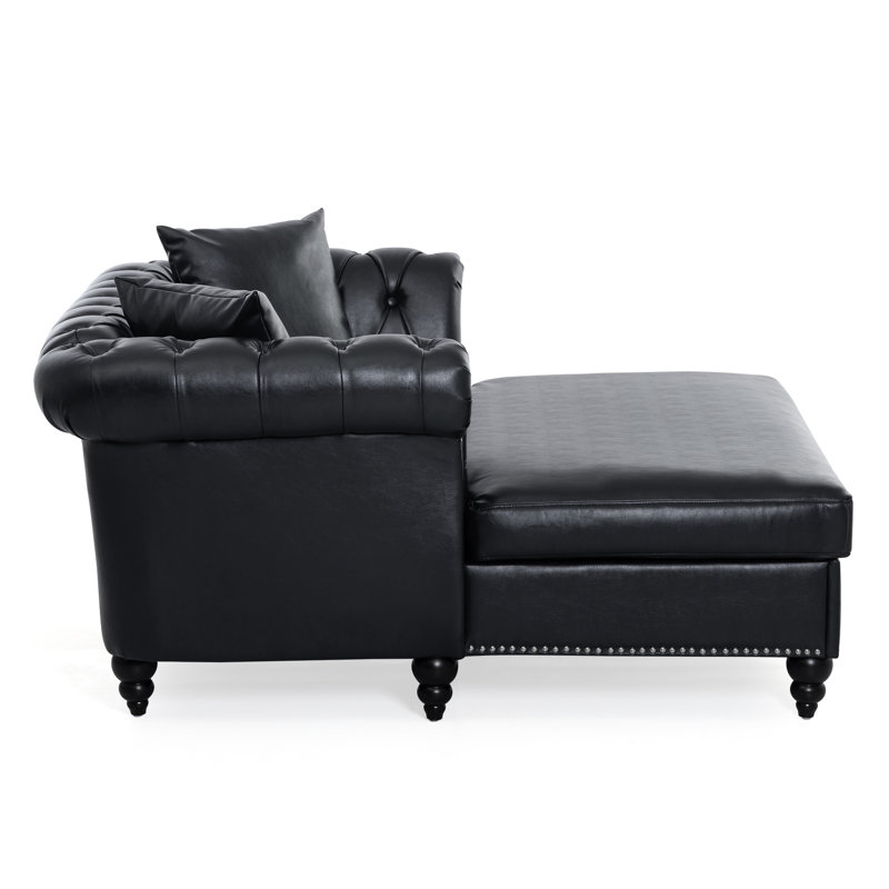 Canapé-lit Chesterfield de 63 po avec capitonnage à boutons, garniture cloutée et pieds en bois massif, Noir, Noir