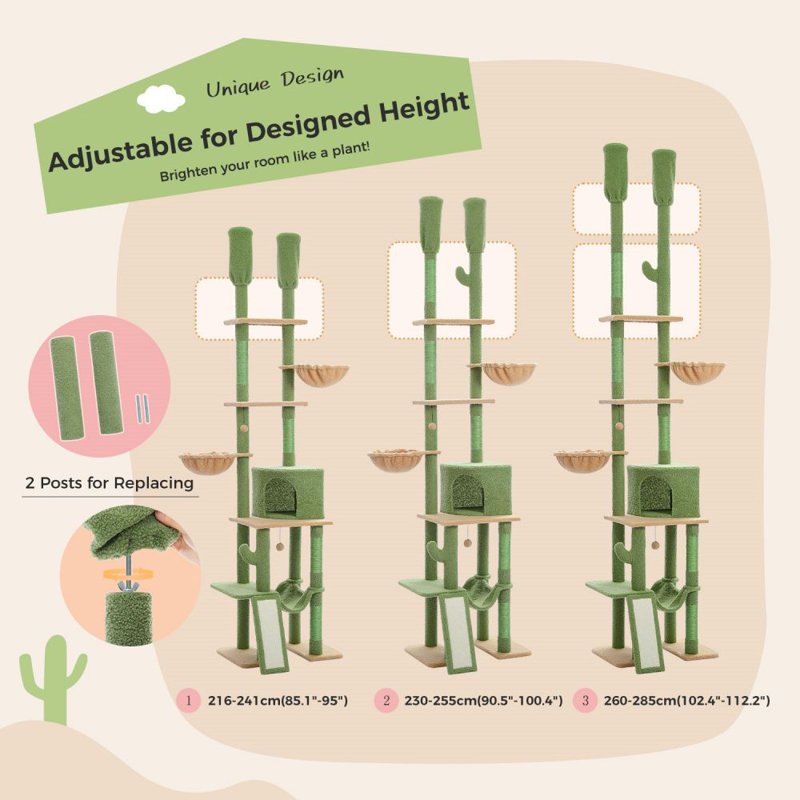 Dylann 112'' Hight Cat Tree Floor to Ceiling Cat Tower with Adjustable Height(85-112 Inches), 7 Tiers Climbing Activity Centre with Cozy Hammocks, 5 Platforms and Scratching Posts for Indoor Cats