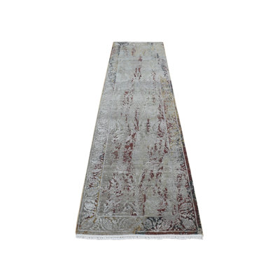 2'6" x 9'10" New Hand Knotted Grey Wool & Silk Runner Oriental Rug - MOA10287283