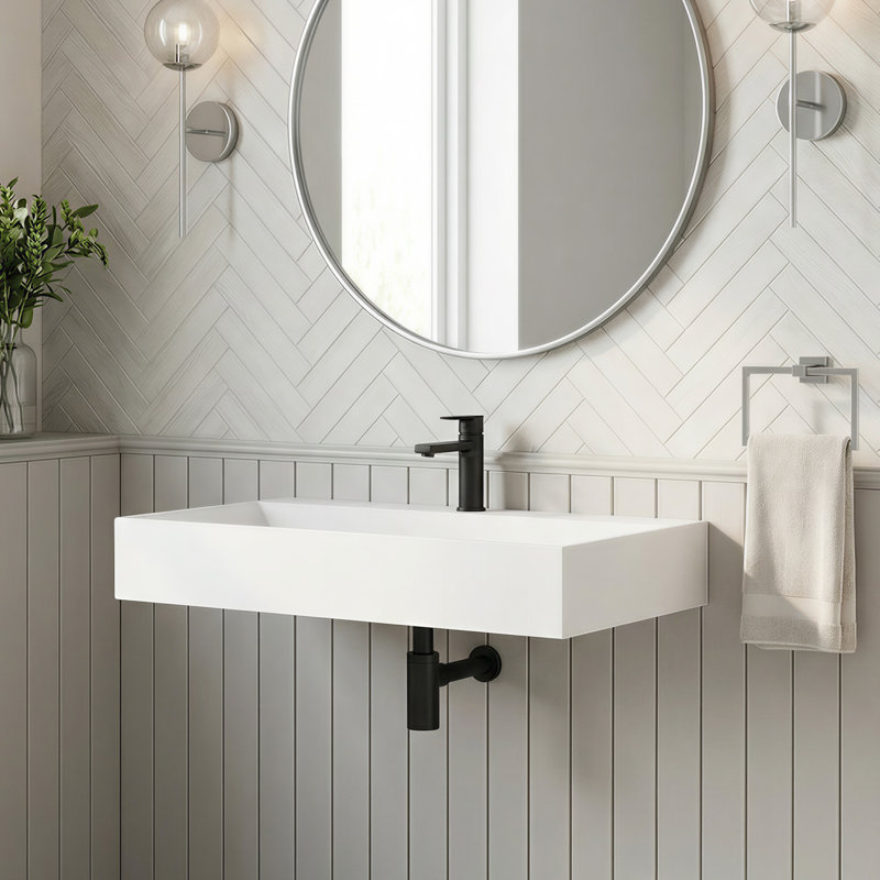 36'' Wall Mounted Bathroom Sink Solid Surface Rectangular Vessel Sink With Faucet Hole, 1, 36" H x 17.99" W x 5.51" D