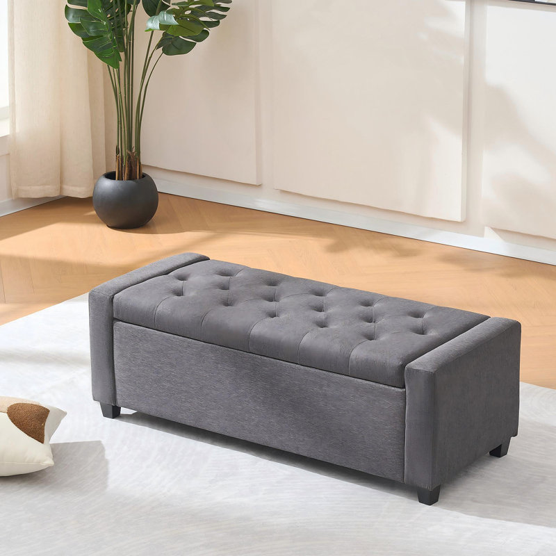 48" Storage Bedroom Bench for End of Bed, Faux Linen Upholstered Storage Ottoman with Arms for Bedroom,Living Room, Entryway, Grey