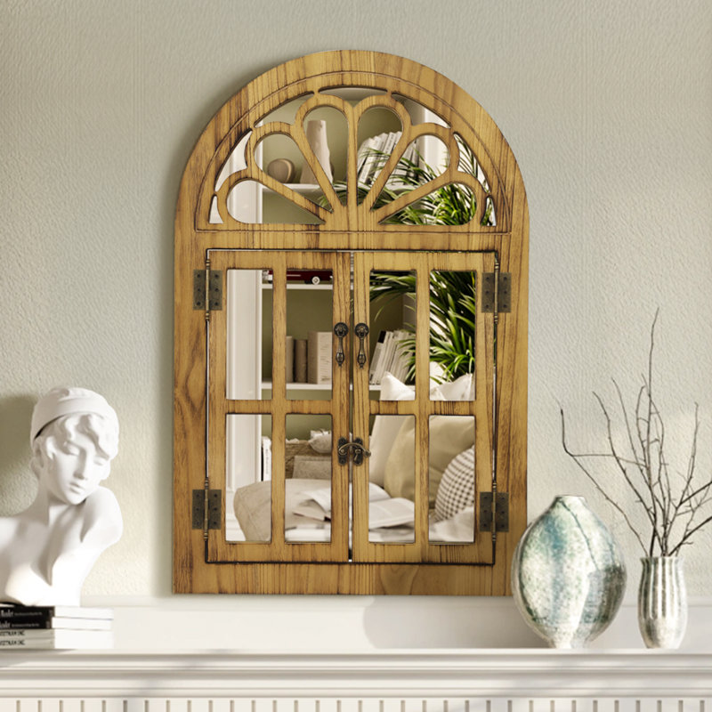Farmhouse Window Mirror with Opening Doors, Rustic Solid Wood Wall Mirror, Decorative Window Frame Mirror for Entryway, Living Room, Bedroom