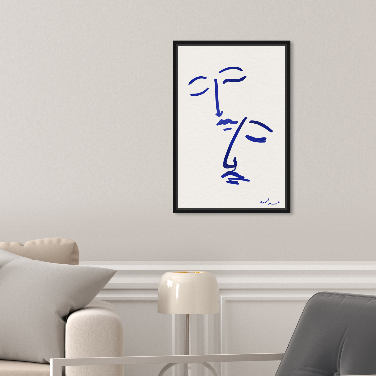 Abstract Couple Blue and White Print, Black, 16" H x 11" W