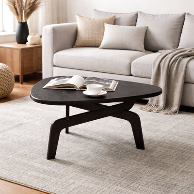 31.7" Triangular Sculptural Coffee Table with Curved X-Base, Dark Wood Finish