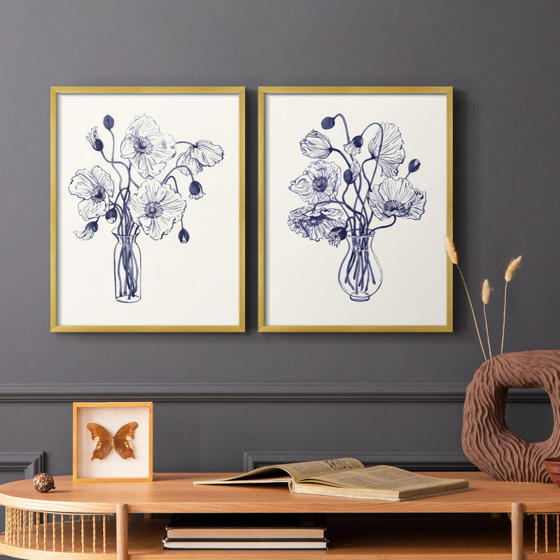 Impression coquelicots bleu marine I-Premium - prêt à accrocher - aucun clou requis - aucun clou requis, Doré