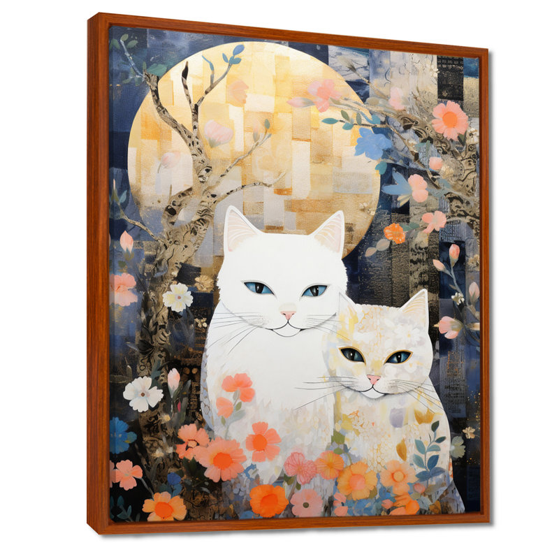 Adorable art mural «Chats blancs» à la pleine lune, Toile avec cadre brun, H 20 po x l 12 po x P 1 po