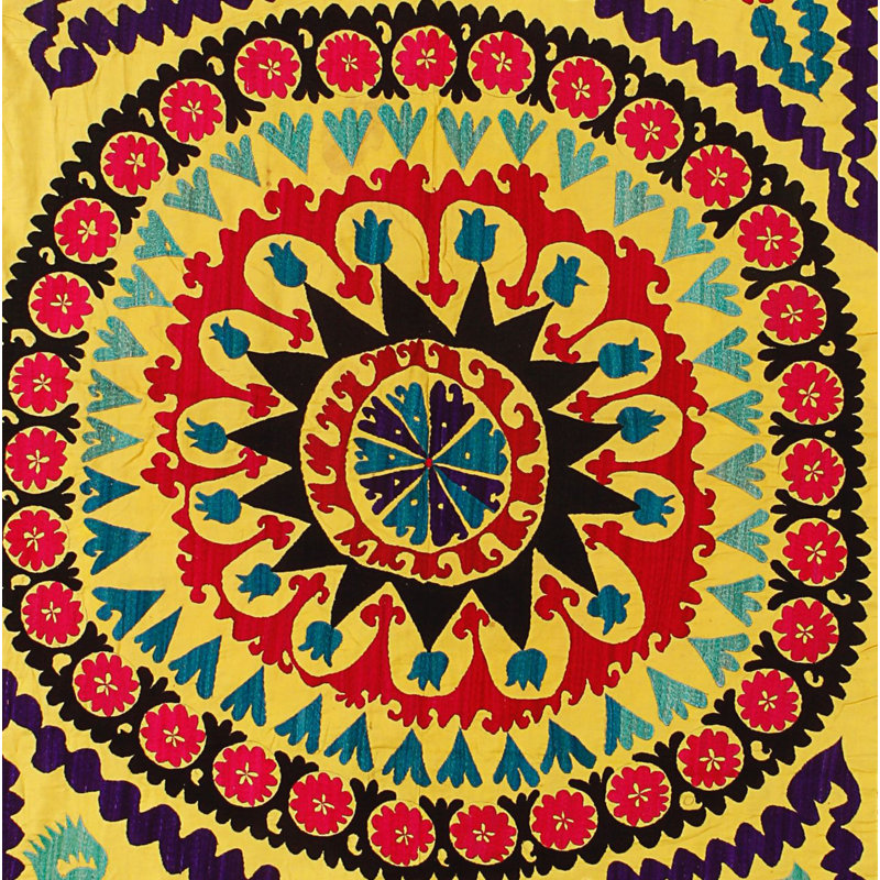 Suspension murale en soie 56 x 126 po. Jeté traditionnel. Couvre-lit décoratif. Nappe rétro. Tapisserie «Needlework» en jaune