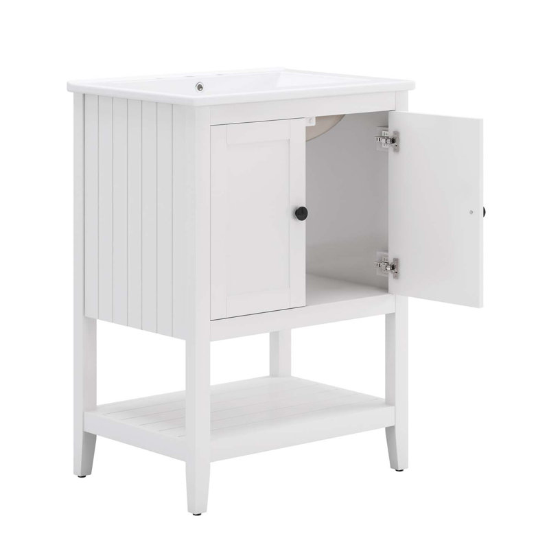 Meuble-lavabo de salle de bain avec lavabo en céramique, armoire à cadre en bois avec tablette de rangement ouverte, armoire d'appoint