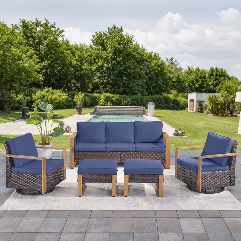 Kelyse Wicker 5 - Person Patio Conversation Set with Cushions, Brown, Blue