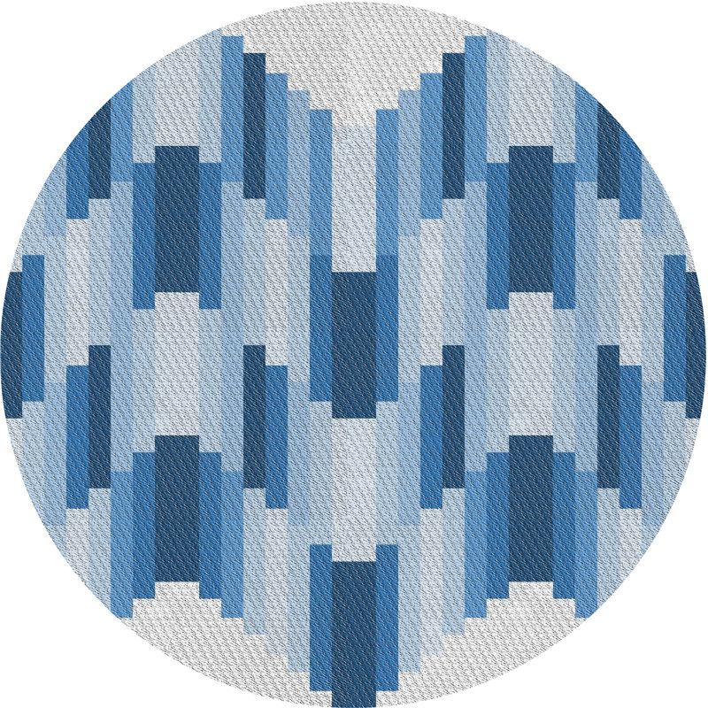 Tapis bleu/blanc cassé à motif, Rond 6 pi
