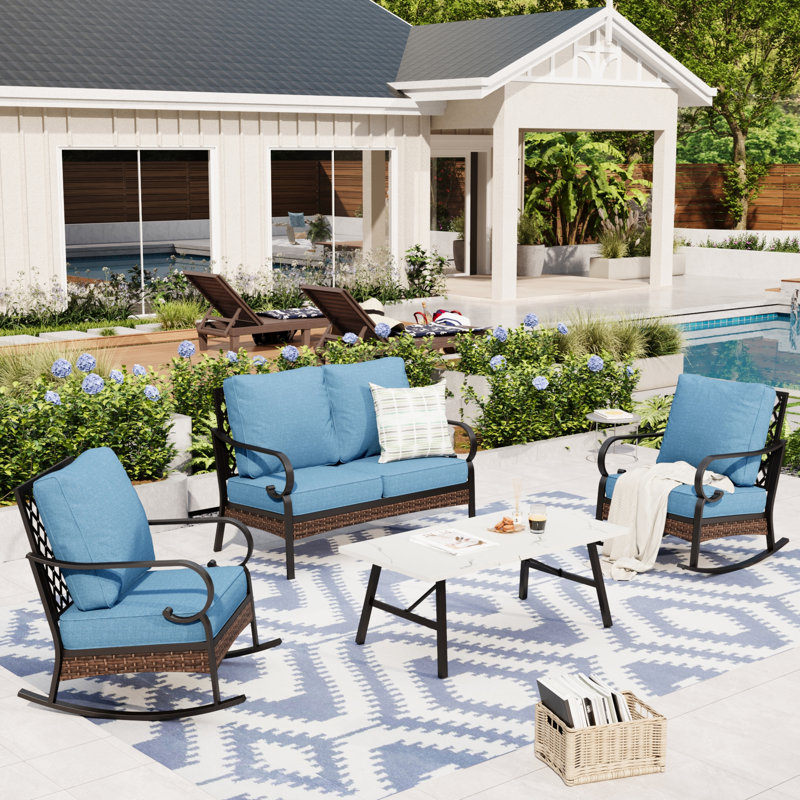 4-Person Patio Furniture Set With Rocking Lounge Chairs, Denim Blue