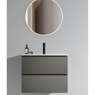 Meuble-lavabo moderne pour salle de bain, fixation murale 24 po, finition gris sidéral, lavabo en céramique, rangement spacieux, glissières de tiroir silencieuses avec lavabo, grands tiroirs, style
