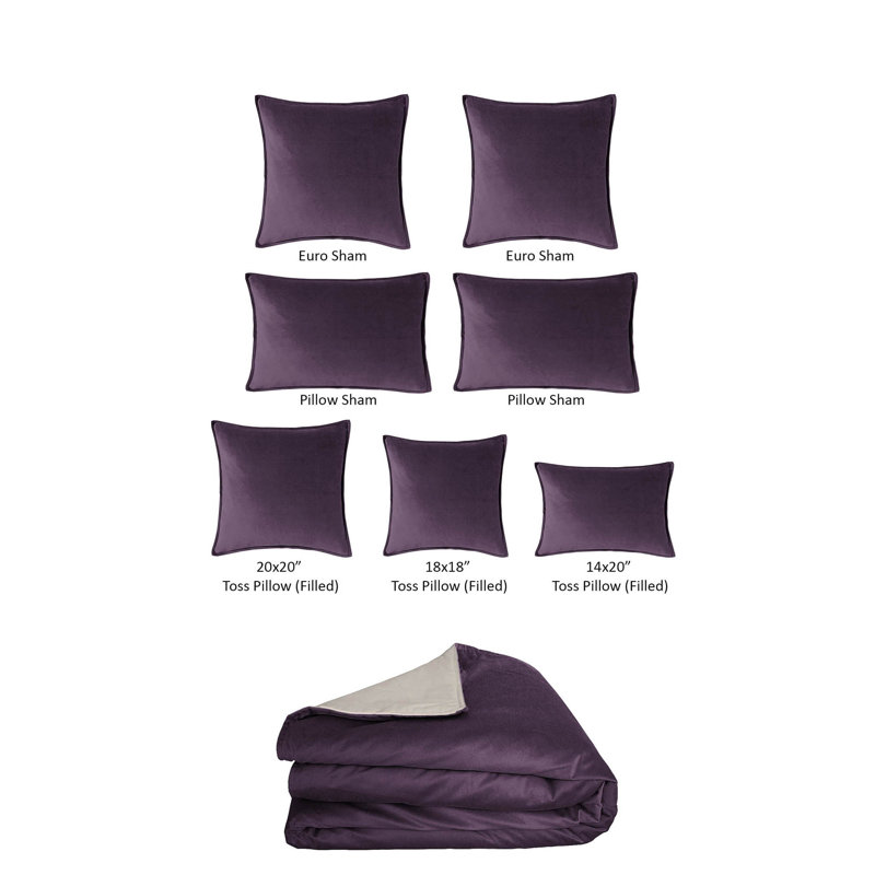Cascade Velvet Solid Colour Duvet Cover Set 8 Piece, Purple, Super Queen Duvet Cover + 7 Additional Pieces