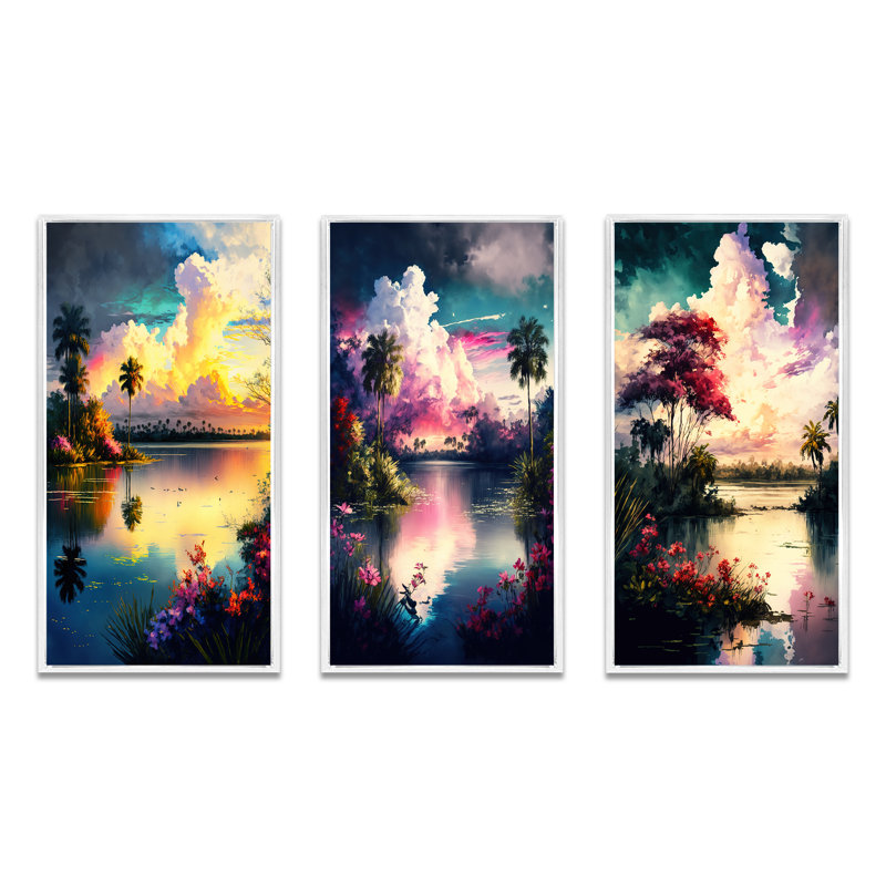 «Beautiful Sunset Over A Tropical Lake», 3 pièces sur toile, H 28 po x l 36 po, Cadre flottant blanc