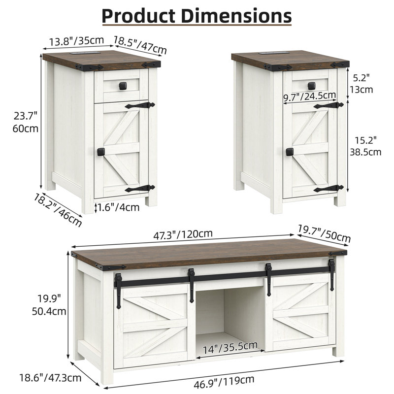 Jaquavion Farmhouse Coffee Table and End Table Set with Lift Top and Charging Station, Off White, Rustic Brown