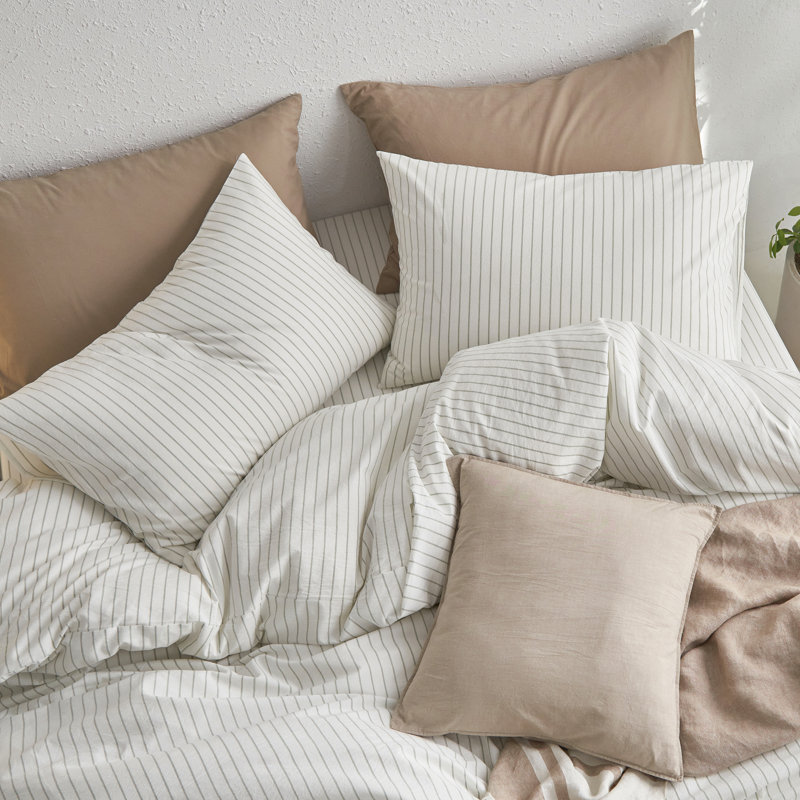 MooMee 100% Washed Cotton Pillowcases Linen Like Textured Breathable Soft, Queen (20" x 30"), White& Sage Green Wide Stripes