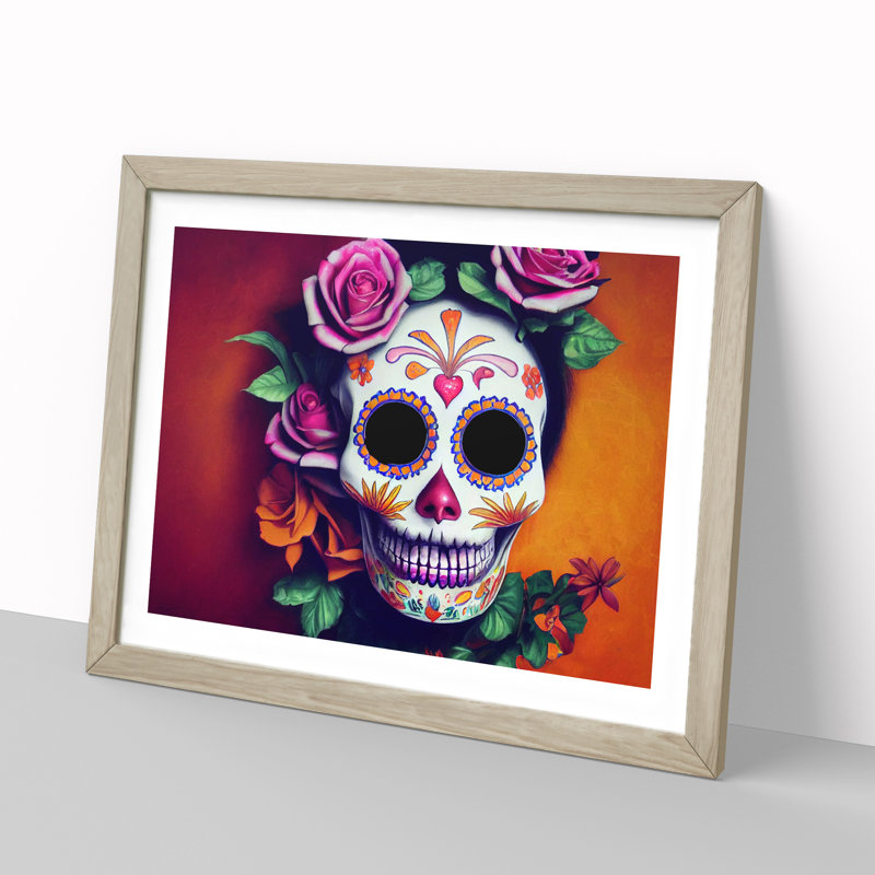 Refined Floral Sugar Skull - Single Picture Frame Print, 46cm H x 64cm W x 2cm D, Oak Framed