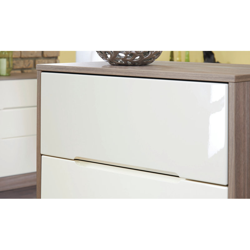 Fully Assembled Vernon 2 Drawer Bedside Table, Cream Gloss/Toronto Walnut