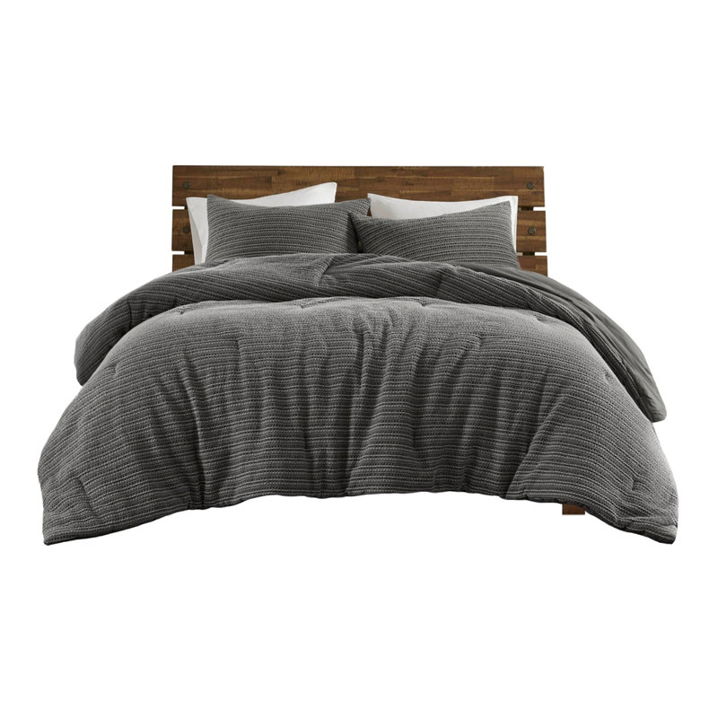 3PCS Full/Queen Waffle Washed Comforter Set, Full/Queen Sheet Set + 2 Additional Pieces, Charcoal