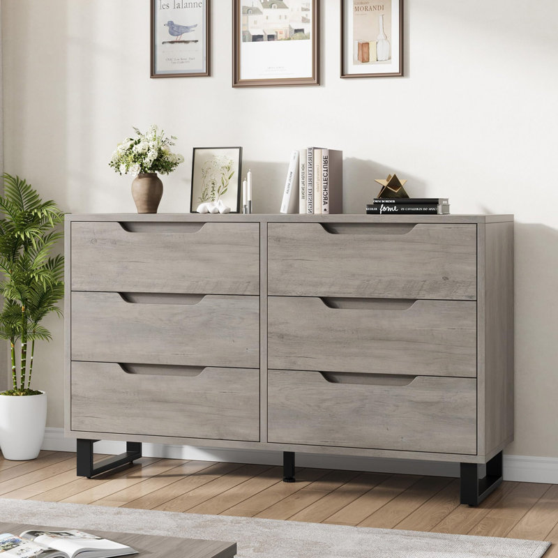 47.2" Wide 6 Drawer Dresser for Bedroom, Freestanding Wooden Closet Storage Chest Cabinet, Grey