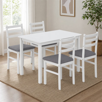Farmhouse Dining Table Set, White Table and Gray Padded Chairs