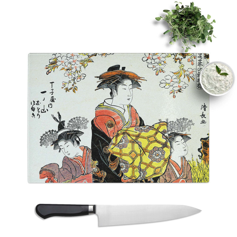 Tempered Glass Lady with Two Kamuro by Torii Kiyonaga Chopping Board, 39 cm x 28.5 cm