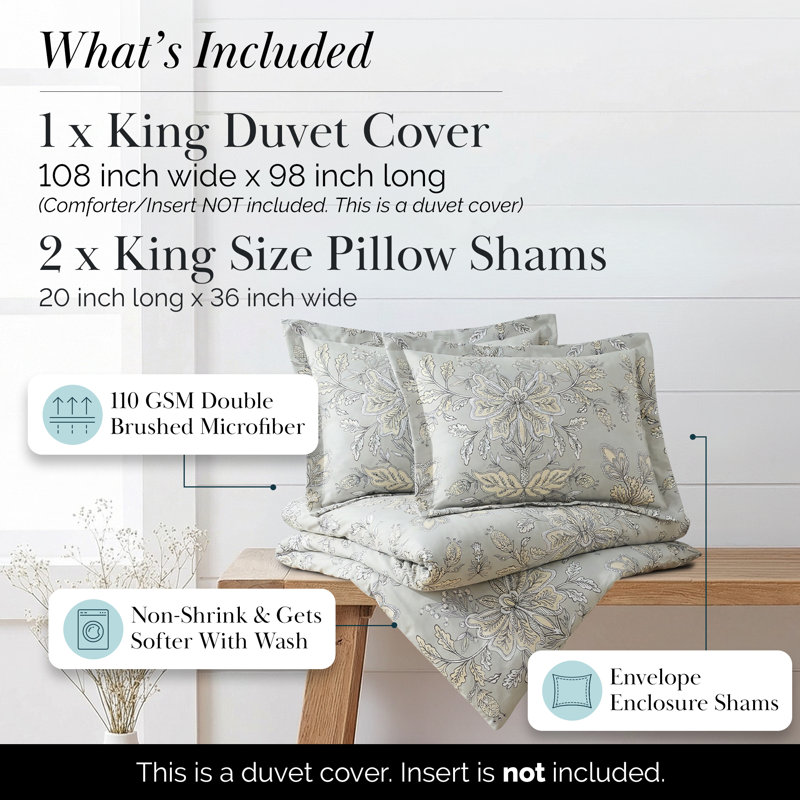 Southshore Fine Linens Vintage Garden Sandy Grey King/California King 3-Piece Reversible Floral Duvet Cover Set with 2 King Shams, Soft Microfiber