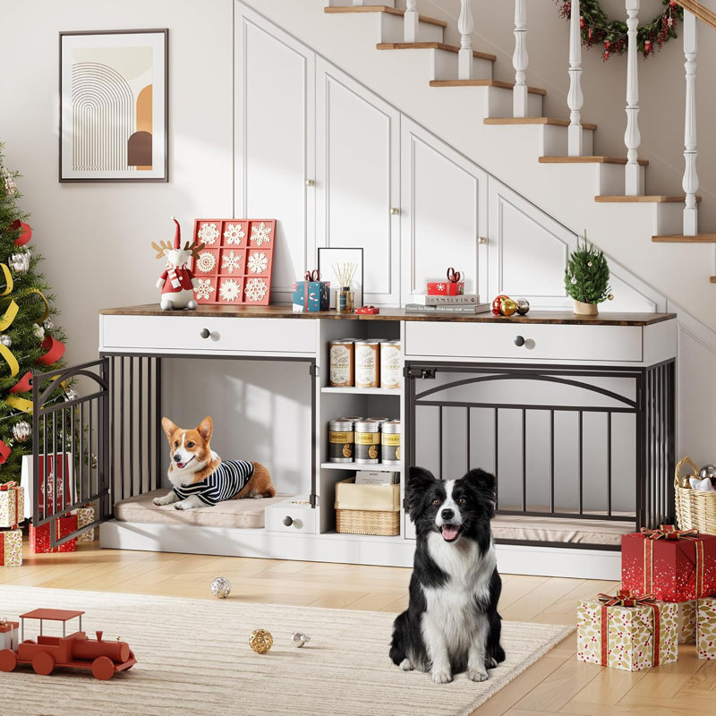 Meuble de cage pour chien pour 2 chiens, chenil intérieur avec bols de rangement et d'alimentation, meuble télé double pour chien de petite taille, blanc