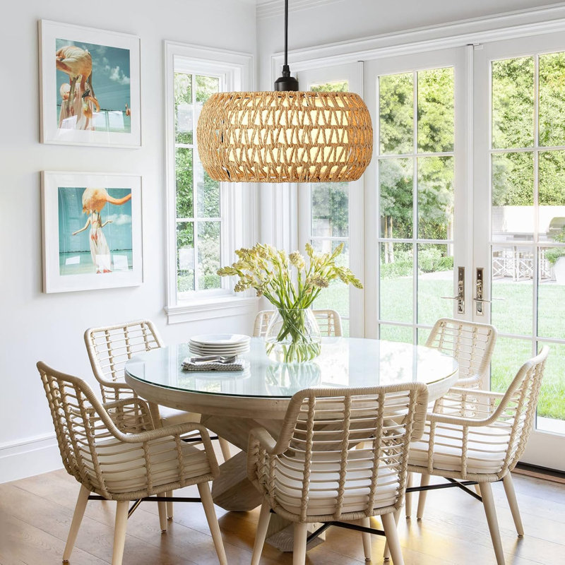 Lustre en rotin de ferme avec abat-jour en tissu, luminaire suspendu Boho tissé à la main pour la salle à manger, îlot de cuisine, hauteur réglable, installation facile, compatible avec la base E26