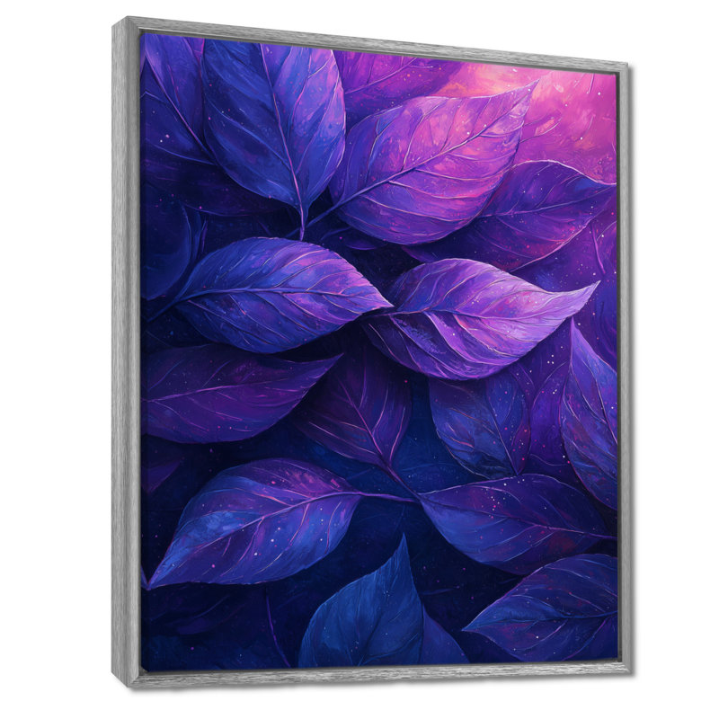 Plum Leaves Evening Collage II - feuilles, art mural, H 20 po x l 12 po, Impression encadrée, Argent argent
