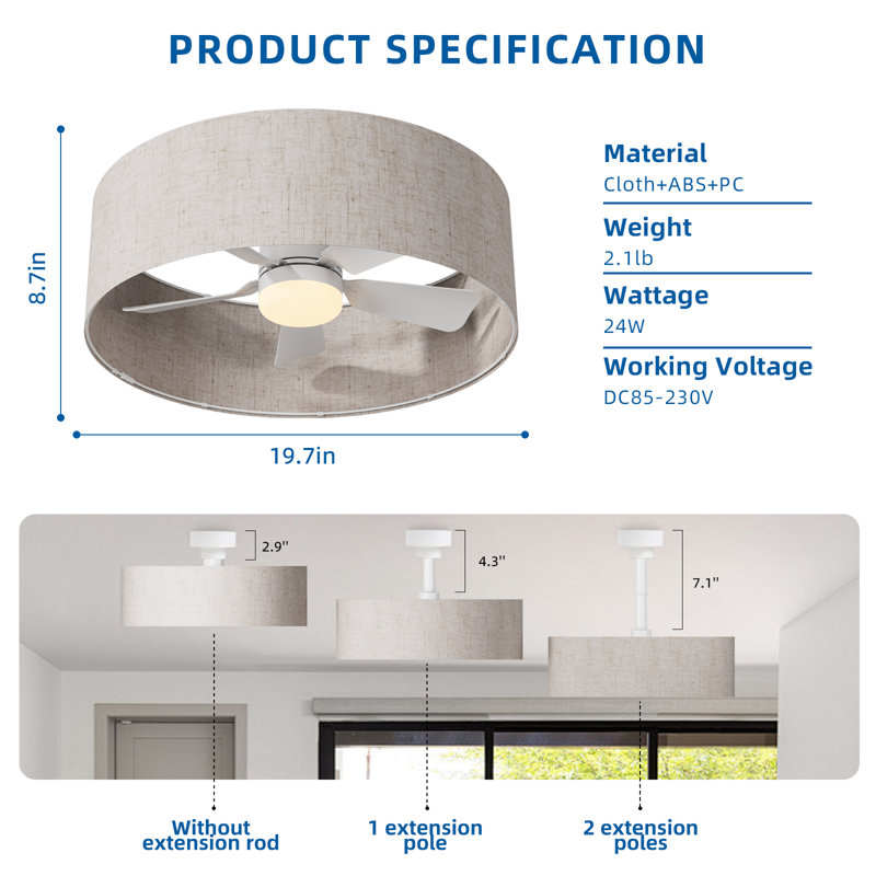 17.7 In. Indoor Socket Ceiling Fan Light With Remote, Led Light, 4 Fan Speeds, Dimmable, 3 Color Temperatures, With Linen Lampshade