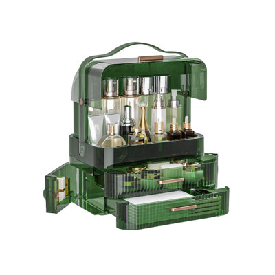 Boîte de rangement pour cosmétiques avec couvercle transparent, grand format, tiroirs, poignée de transport, étanche et anti-poussière, vert transparent