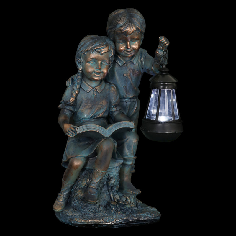 Solar Faux Bronze Girl and Boy Garden Statue with LED Lantern