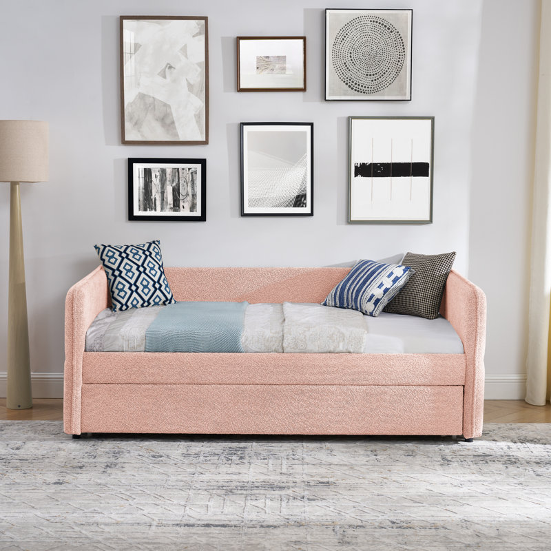 Canapé-lit capitonné multifonctionnel avec couchette coulissante simple, tissu bouclé rose, design moderne pour la maison