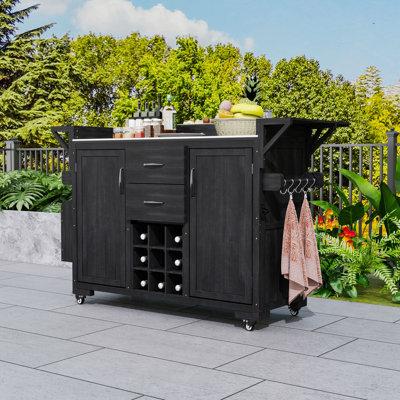 Îlot de cuisine extérieur roulant avec comptoir en acier inoxydable, tiroirs, support à vin et tablette à épices