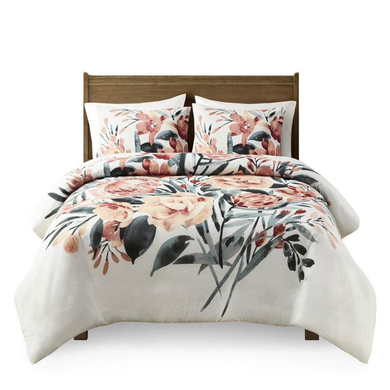 Ensemble de housse de couette 3 pièces très grand / très grand en coton floral avec une sensation douillette aux teintes variées