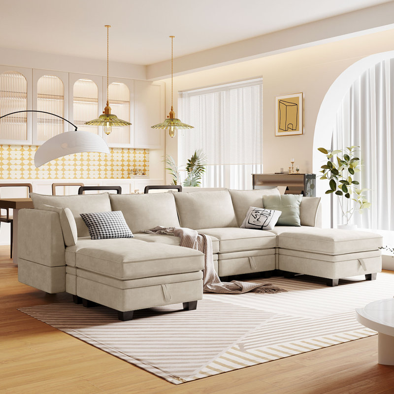 Canapé-lit modulaire convertible en U 6 pièces Pajtim, méridienne réversible, structure en bois massif, 100 % lin beige