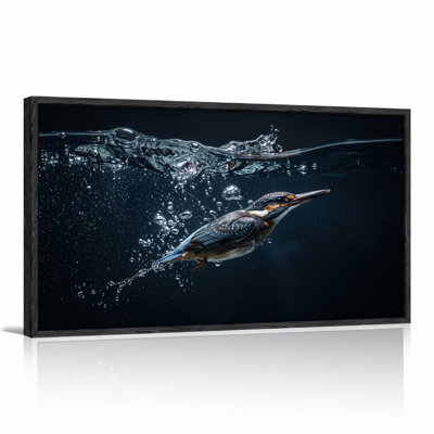 Blue Kingfisher Swimming Underwater Near Surface Bubbles Canvas Wall Art