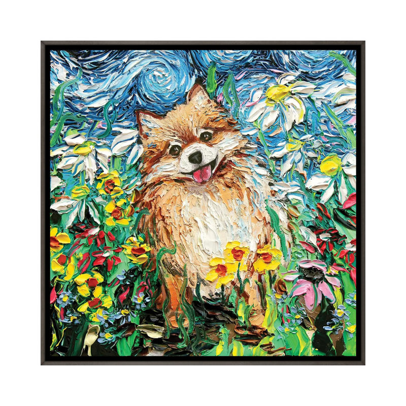 « Happy » par aja Trèves, reproduction d’art, H 18 po x l 18 po x 1,5 po, Toile encadrée de bois rustique foncé, Pas de tapis