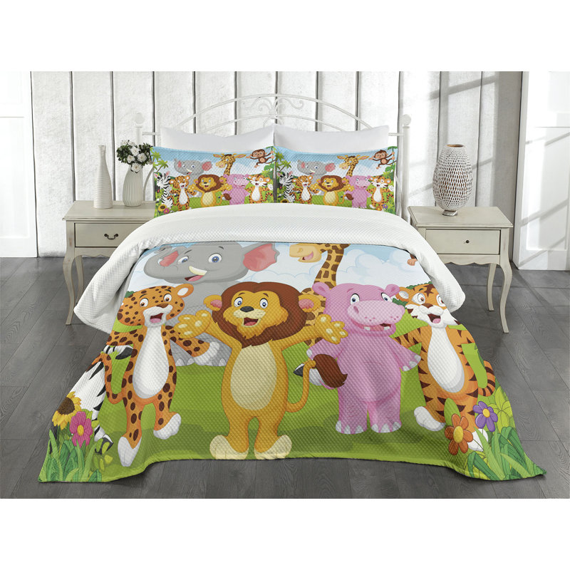 Ambesonne Cartoon Bedspread Comic Savannah Multicolor, King Coverlet/Bedspread + 2 Pillow Shams