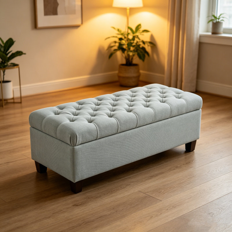 Freya 50.25" Modern Upholstered Storage Ottoman Bench with Safety Hinges, Baby Blue, Polyester