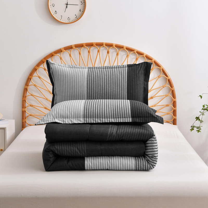 Ensemble d'édredon à rayures réversible 3 pièces en duvet synthétique doux toutes saisons, Noir