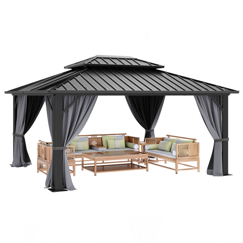 Outdoor Metal Hardtop Patio Gazebo with Privacy Curtain and Mosquito Netting, 11.5 ft x 10 ft