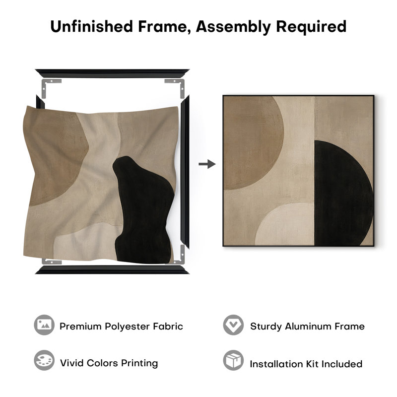Impression sur tissu grand format - Motif géométrique abstrait minimaliste en demi-cercle beige et noir pour salon ou chambre « Assemblage du cadre requis (cadre non fini) »