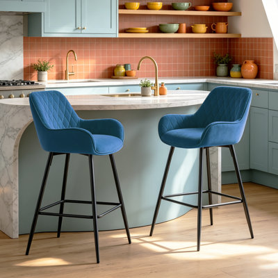 Modern Velvet/Suede Upholstered Bar Stool with Diamond Tufted Back, Counter Height Chair with Black Metal Legs