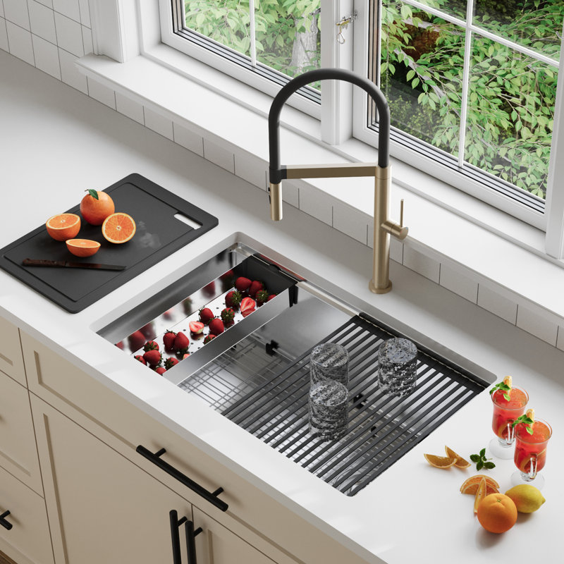 Undermount 30 inches Stainless Steel Single Bowl Workstation Kitchen Sink with Black Accessories