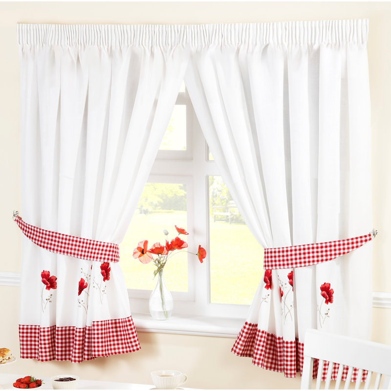 Anakie Semi Sheer Curtain Pair, White/Red, 116 W x 137 D cm
