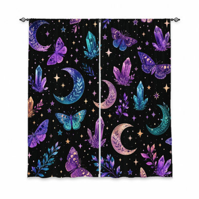 2Pcs Celestial Moon and Butterfly Curtains, Light Filtering Fabric, Mystical Crystals Stars Pattern, Vintage Aesthetic Window Drapes for Living Room, Bedroom, Balcony, Kitchen Home Decor