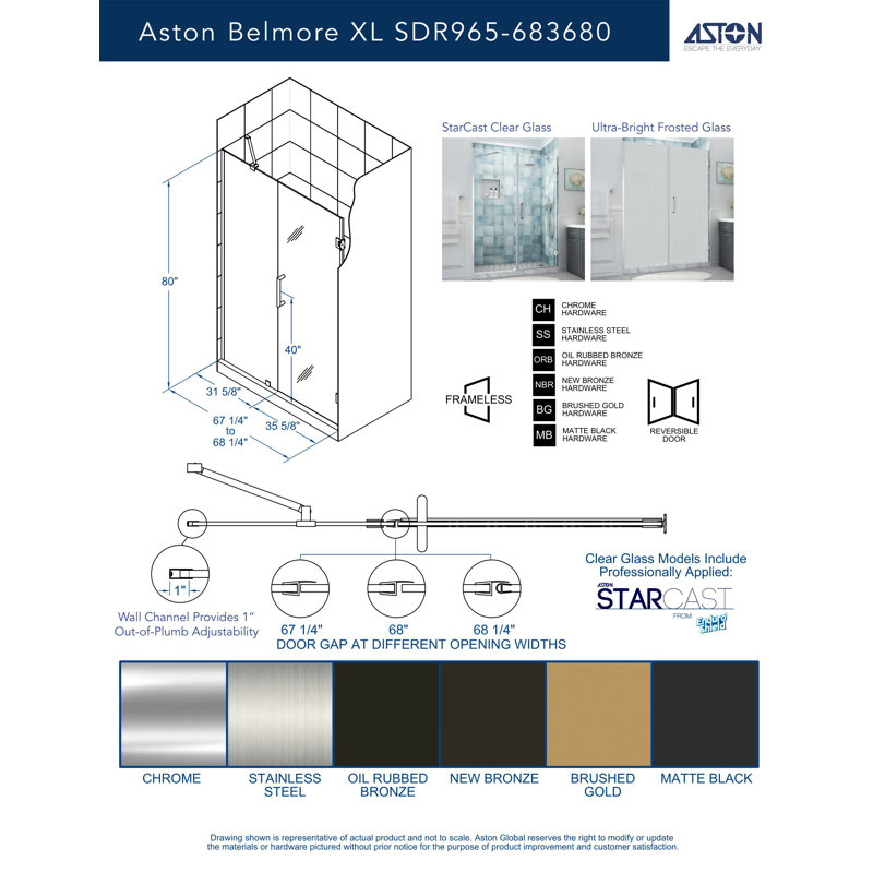 Belmore XL 67.25 - 68.25 in. W x 80 in. H Frameless Hinged Shower Door with Clear StarCast Glass, Frosted Glass