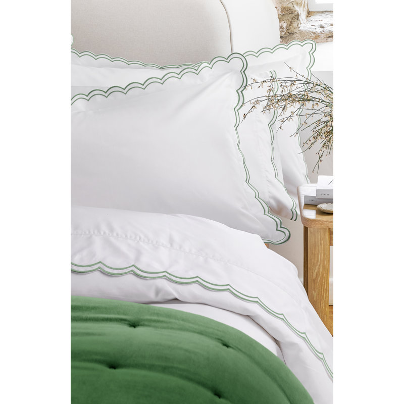 Scallop Edge Luxury Pillowcase Pair, White/Matcha, Standard Pillowcase